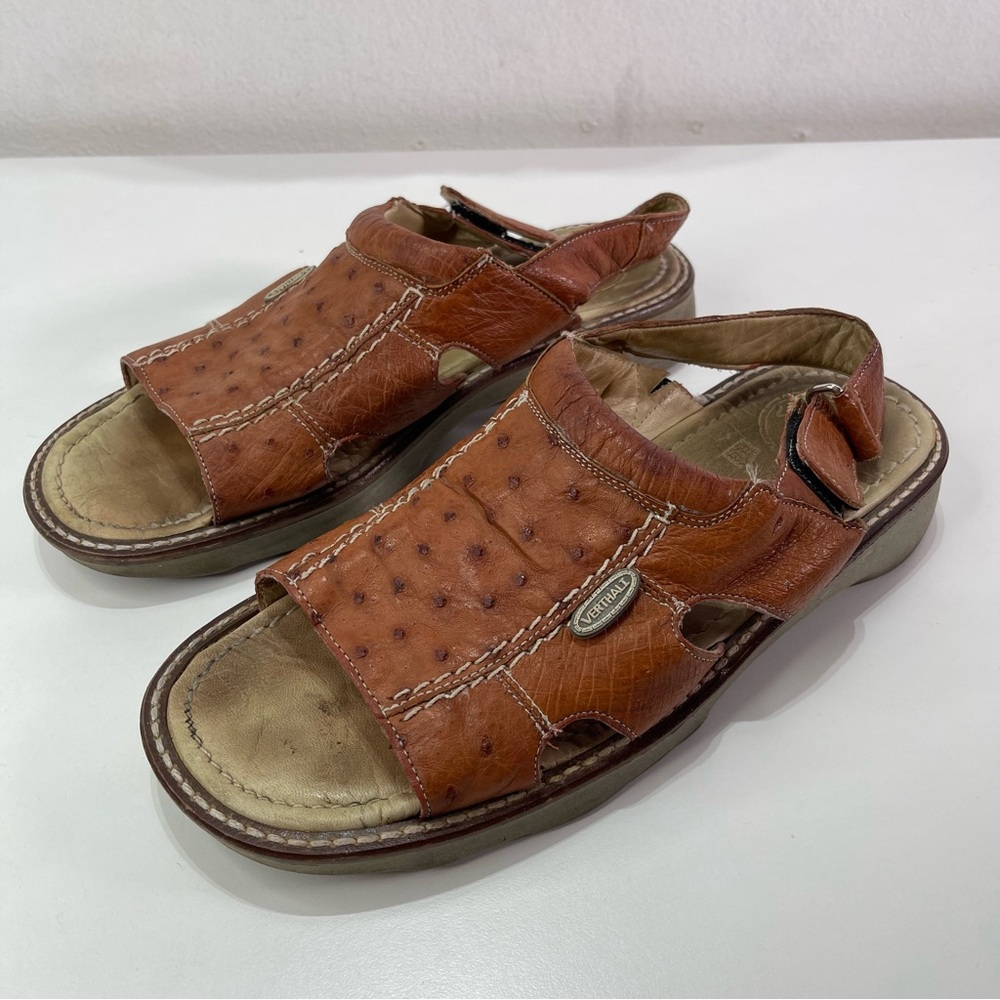 Verthali Ostrich Exotic Men 7.5 Tan Leather Sandals Back Strap Casual 11.5''